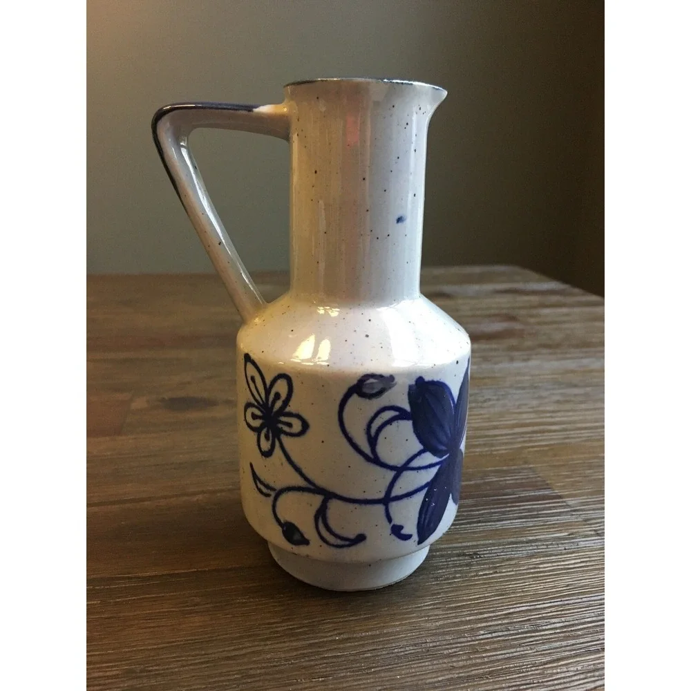 Vintage Japan Stoneware Pitcher Jug Blue Floral Measures 6